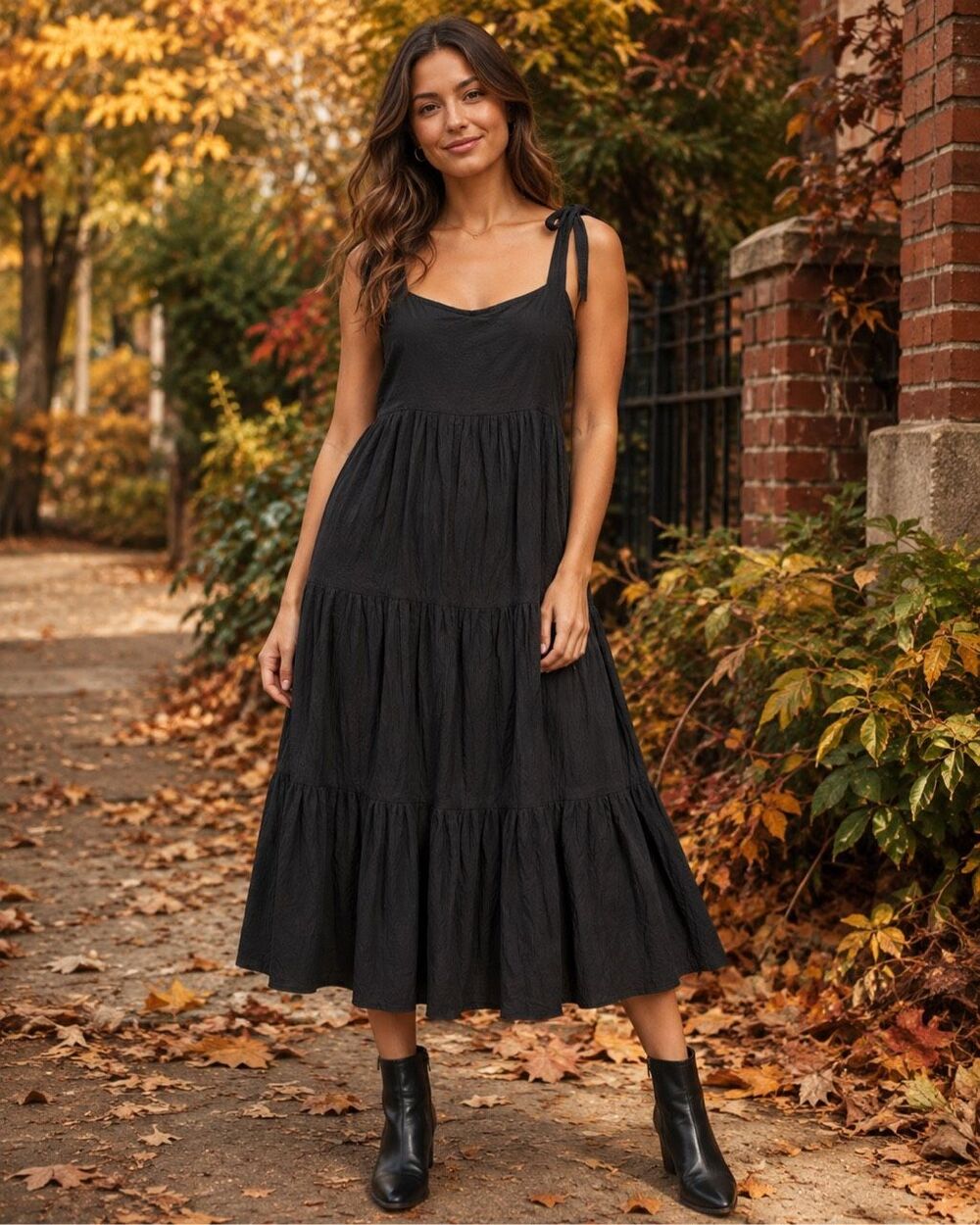 Madewell Black Tiered Tie Strap Midi Dress Women’s Large 100% Cotton Lined #1800